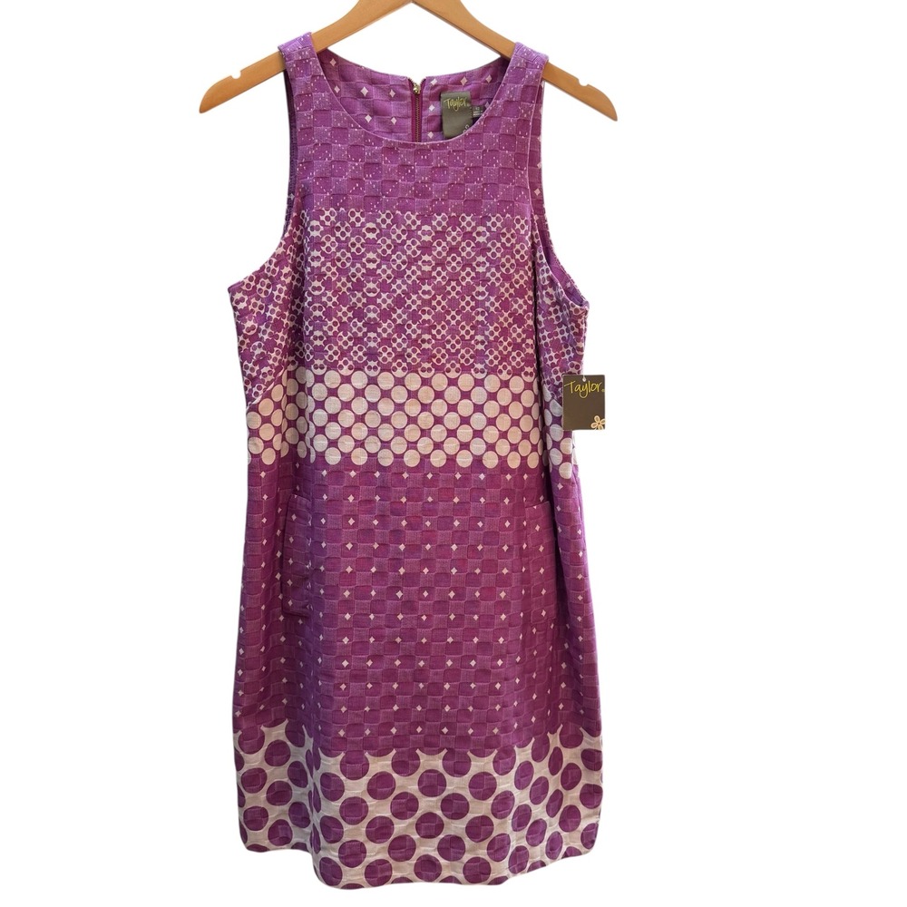 NWT Taylor Purple Polka Dot Geometric Jacquard Sleeveless Shift Dress 12 4919M